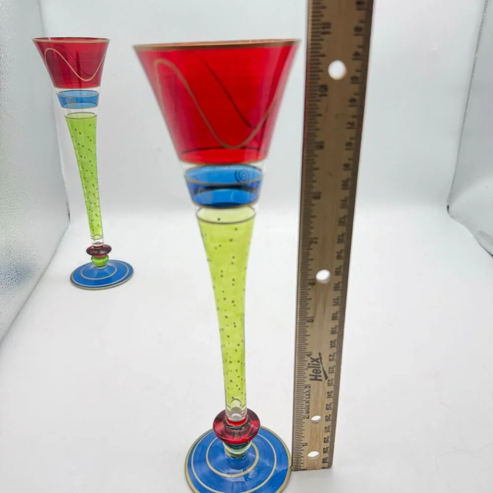 Vtg Pier 1 Handpainted Fluted Champagne Glasses (2) Vibrant Design Discontinued